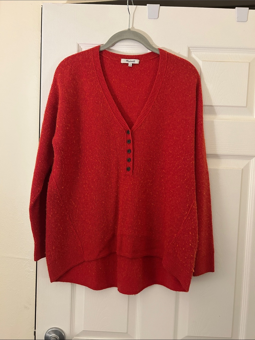 Madewell Bright Red V-Neck Buttoned Knit Sweater